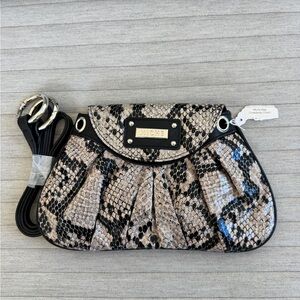 Miche Beige and Black Snake-Print Clutch with Detachable Strap